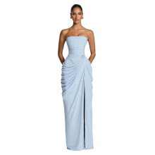 Pleated Formal Evening Gown Side Slit Design-light blue L