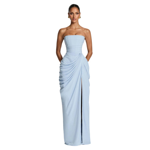 Pleated Formal Evening Gown Side Slit Design-light blue L