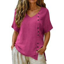 Linen Top for Women Casual V Neck Short Sleeve-rose red L