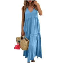 Linen Dresses for Women V Neck Sleeveless Maxi-Sky Blue XXL
