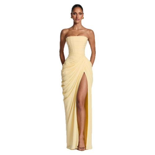 Strapless Bridesmaid Dresses Elegant Ruffle Slit-light yellow L
