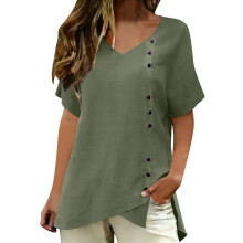 Linen Top for Women Casual  V Neck Short Sleeve-Army Green L