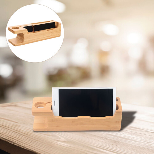 Suporte de madeira para celular e relógio de mesa