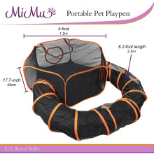 Recinto pieghevole arancione per animali domestici con tunnel, dimensioni 48x48x18 pollici.