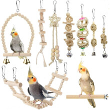 Juego de juguetes de madera natural para pájaros – 9 piezas para periquitos,