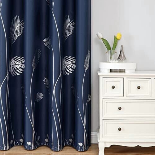 Blackout Curtains Navy Blue Silver Palm Design 38x72 Inch 2 1