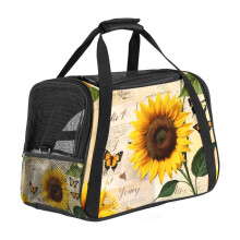Bolsa transportadora suave para mascotas con diseño de girasol y mariposa, ideal para gatos y perros.