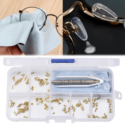 Kit de reparo de óculos com parafusos pequenos e chave de fenda.