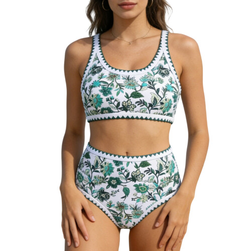 Modern Pattern Tankini Set Stretchy Polyester-green flowers L
