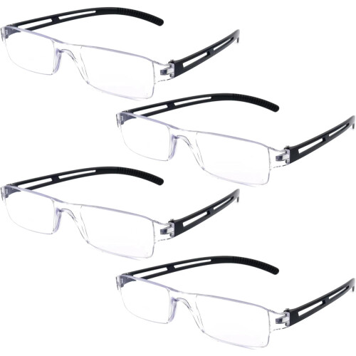 Set van 4 randloze leesbrillen met blauwlichtfilter.