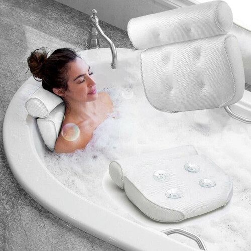 Almofada de banho ergonômica com malha 3D e ventosas.