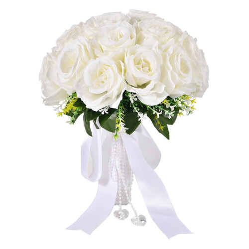 White Silk Bridal Bouquet with Beaded Ribbon 1