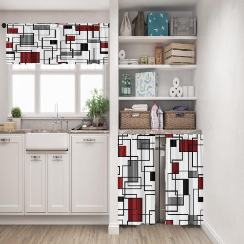 Beige and Orange Abstract Kitchen Curtains Set with Valance 1