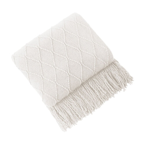 White Knitted Fringed Throw Blanket 180x130cm 1