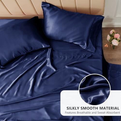 Navy Blue Satin Sheet Set 4-Pc Full Size 1