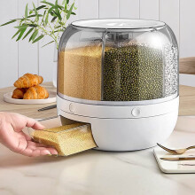 Dispensador giratorio de 6 compartimentos para alimentos secos, cereales y arroz.