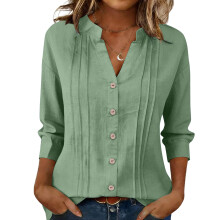 Women's cotton and linen top, three-quarter sleeve-Green S