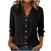 Women's cotton and linen top, three-quarter sleeve-Black XXL