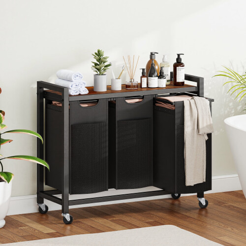 3-Compartment Laundry Hamper with Shelf and Wheels 2