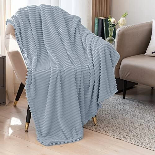 Grey Microfiber Throw Blanket with Pompom Trim 51x63 in 2