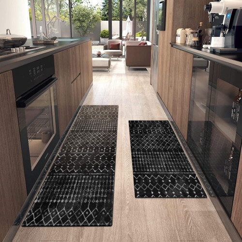 Boho kitchen mat set of 2 black Moroccan runner rugs with 2