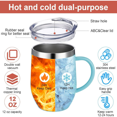 Caneca de café isolada de aço inoxidável de 355 ml (12 oz) com alça e 2