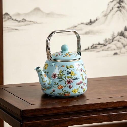 Small Enamel Tea Pot Heat Resistant Handle Floral Pattern 2