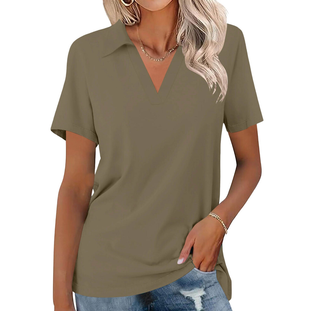 Brown Women's Shirts Short Sleeve V Neck Tops Business- Xl