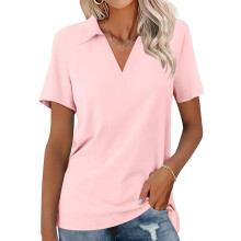 Women's Shirts Short Sleeve V Neck  Tops Business Casual-Pink M