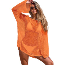 See-Through Crochet Beach Cover Up Dress Light-Orange XXL