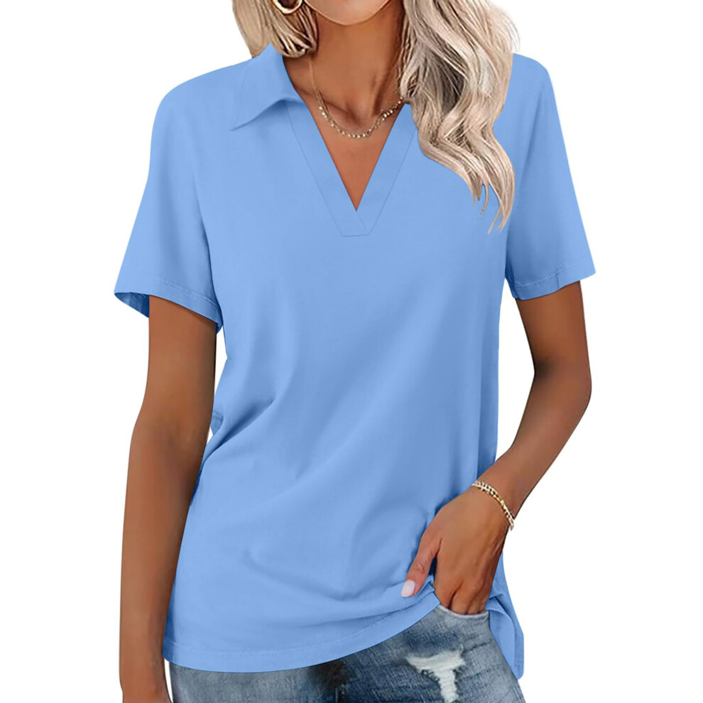 Sky Blue Women's Shirts Short Sleeve V Neck Tops Business- Xl