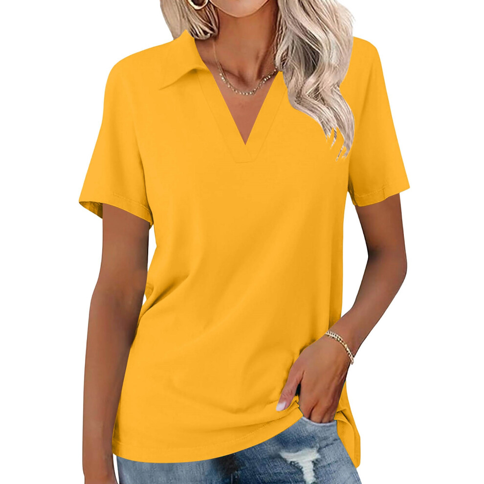 Yellow Women's Shirts Short Sleeve V Neck Tops Business- S