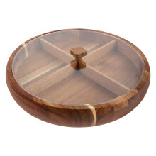 Rustic Wooden Snack Tray with Compartments and Transparent Lid