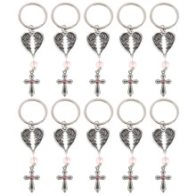 10Pcs Silver Cross Angel Wings Key Ring Christian Baptism Gift