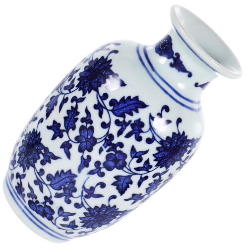 Vaso de cerâmica com design azul e branco, 13 cm