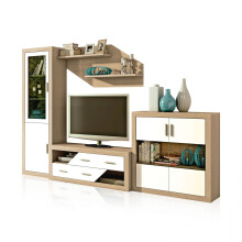Salón modular con gran capacidad de almacenaje en cambria y blanco 300 cm Nuka V10