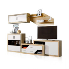 Salón modular con gran capacidad de almacenaje en cambria y blanco 300 cm Nuka V9