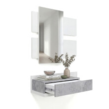 Mueble recibidor con 1 cajón y espejo en blanco artik y gris cemento 75 cm Milo