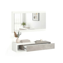Mueble recibidor con 1 cajón y espejo en blanco artik y gris cemento 95 cm Derek