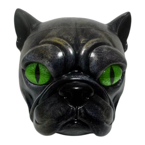 Handgefertigte schwarze Möpse-Büste, Skulptur,-grüne Augen