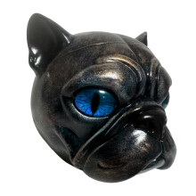 Elegante Möpse-Hundekopf-Statue aus Kunstharz,-blaue Augen