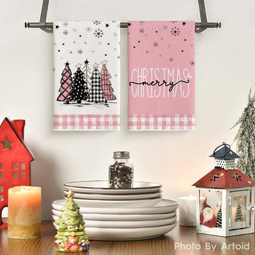 Geschirrtücher mit rosa Büffelkaromuster für Weihnachten (2er-Pack) 1
