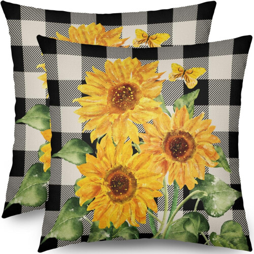 Conjunto de 2 capas de almofada com estampa de girassol em linho, 45x45 cm (18x18 polegadas).