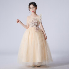 (Champagne, 150cm) Children's dress, princess dress, long dress, super fairy child wedding dress, flower girl dress,