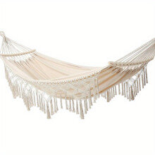 Outdoor Leisure Hammock with Tassel Swing | Canvas Hammock with Wooden Sticks, Anti-Side Flip Design