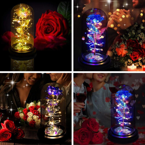 Rosa Azul Eterna em Cúpula de Vidro com Luz LED 1