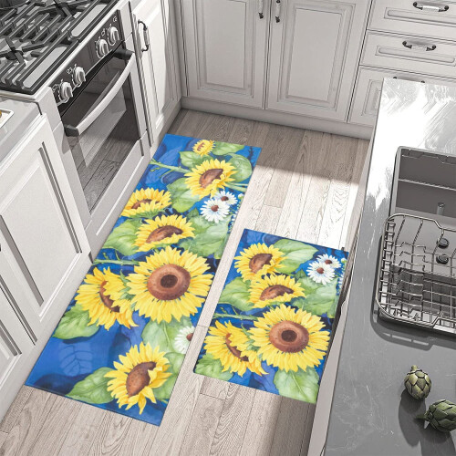 Blue Sunflower Farmhouse Kitchen Rug Set 2 pcs 1