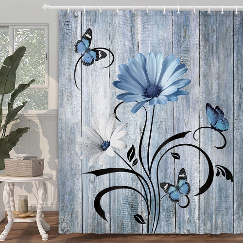 Cortina de chuveiro floral com margaridas azuis, 152 x 178 cm (60 x 70 polegadas). 2