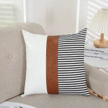 Housse de coussin bohème en lin noir et blanc et simili cuir