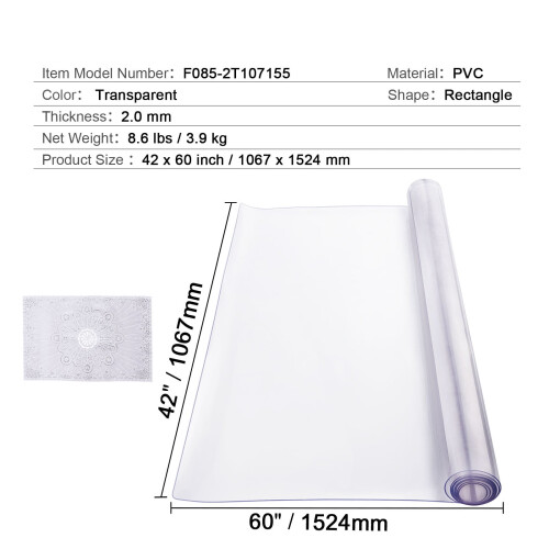 Protetor de mesa retangular em PVC, 42 x 60 polegadas, 2,0 mm 2